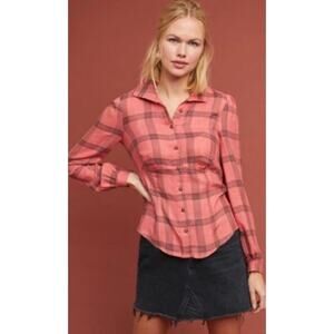 Maeve Anthropologie Structured Coral‎ Plaid Flannel Shirt Women's Size US 4